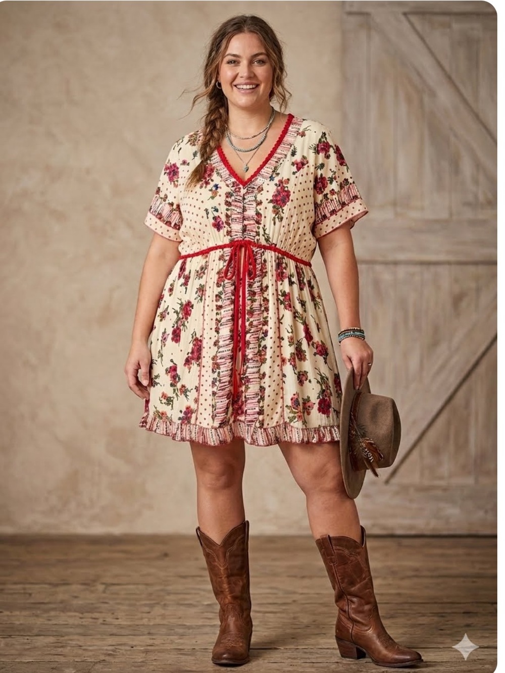 Joe Browns Floral Red Trim V-Neck Boho Dress Polka Dot Plus Size 18